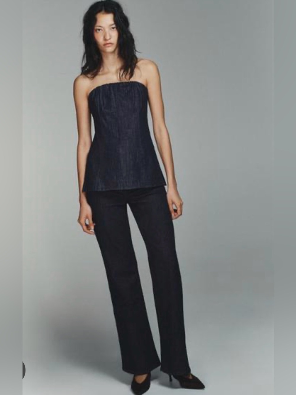 Zara Faux Denim Set - Bustier Top and Flare Plants in Dark Indigo